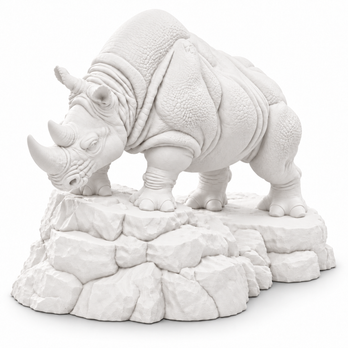 CONQR Rhino lightweight 3D printed PLA desk statue, 8 inch, White - white background