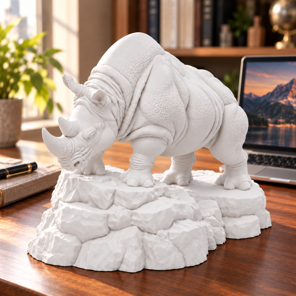CONQR Rhino lightweight 3D printed PLA desk statue, 8 inch, White - office desk