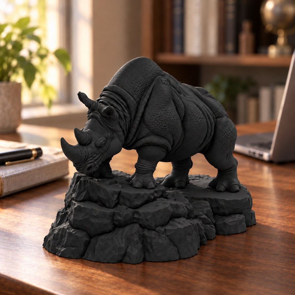 CONQR Charging Rhino desk statue in Black – on a warm wooden desk