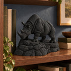 CONQR Charging Rhino desk statue in Black – on a bookshelf against a slate wall
