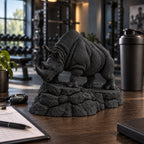 CONQR Charging Rhino desk statue in Black – on a gym trainer's desk