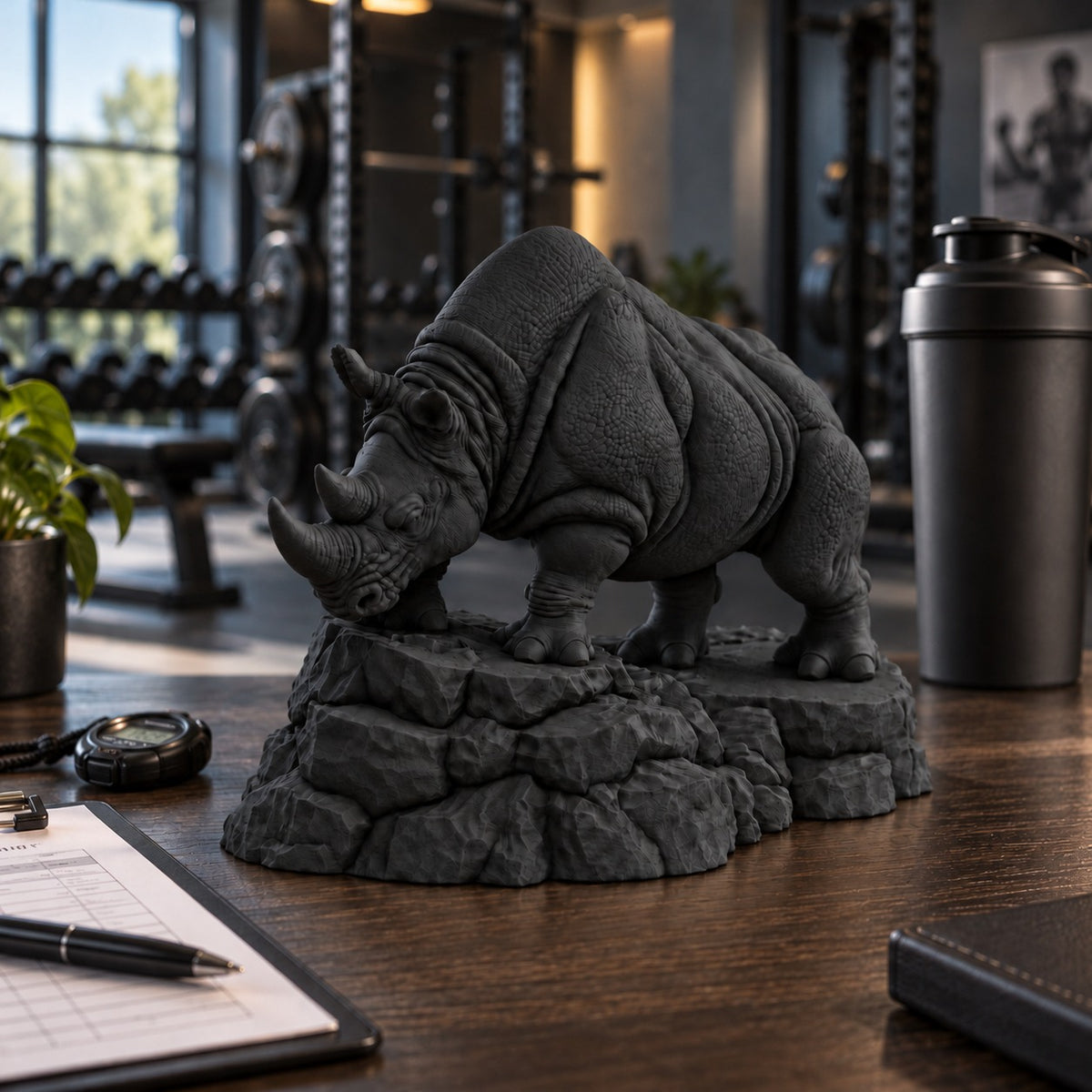 CONQR Charging Rhino desk statue in Black – on a gym trainer's desk