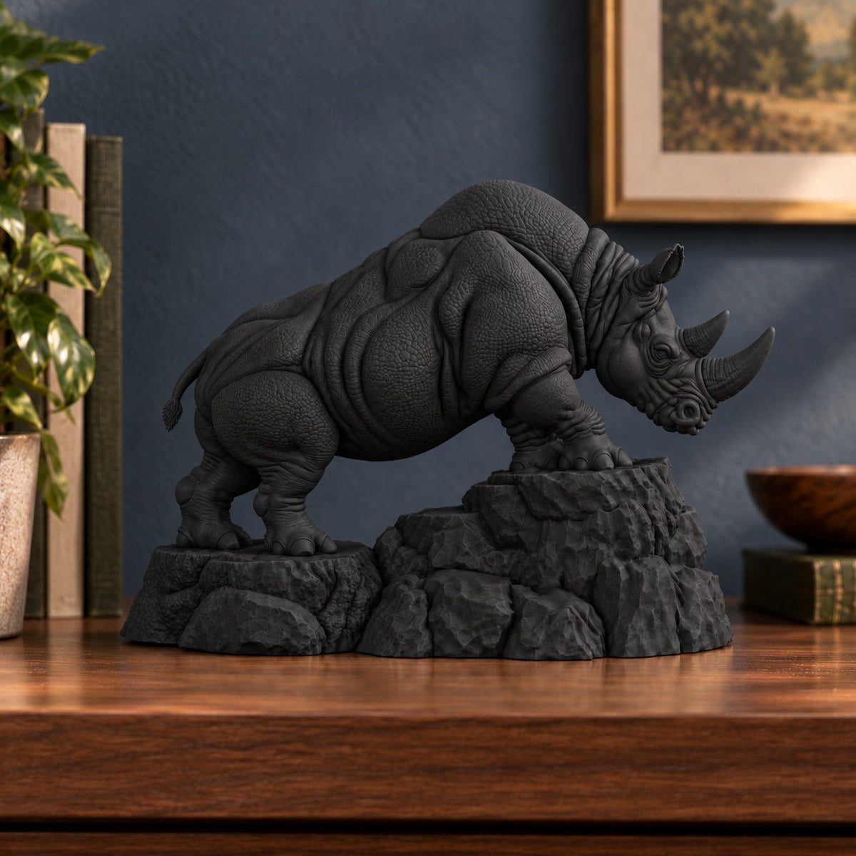 CONQR Charging Rhino desk statue in Black – full side profile