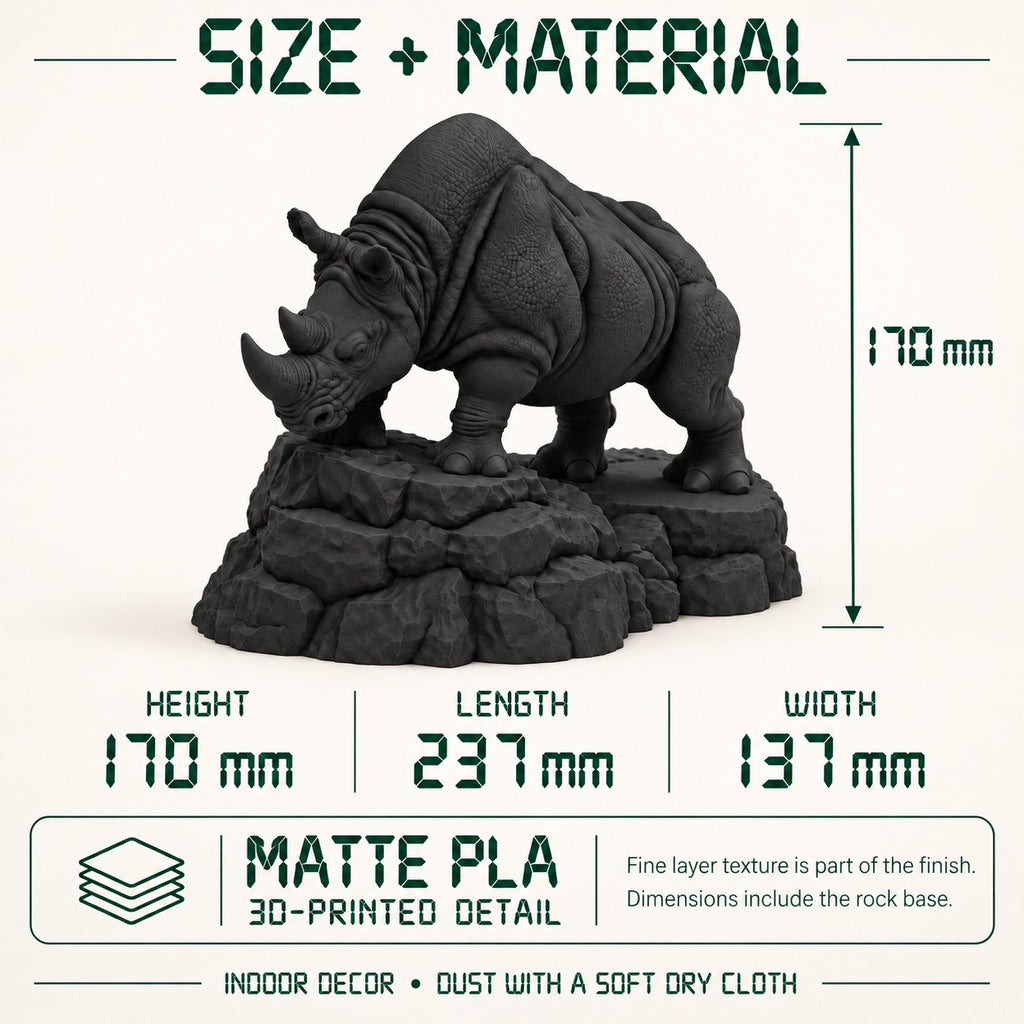 CONQR Charging Rhino desk statue in Black – size and material guide: 170 mm tall, 237 mm long, 137 mm wide