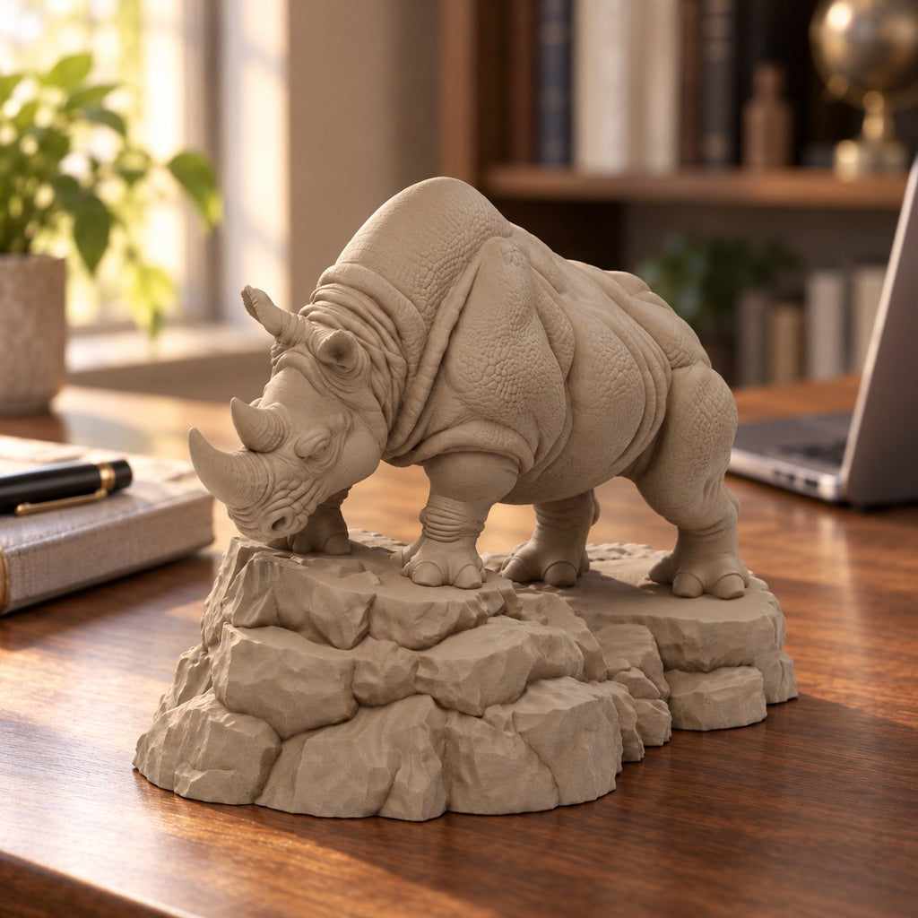CONQR Charging Rhino desk statue in Sandstorm – on a warm wooden desk