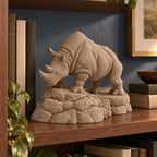 CONQR Charging Rhino desk statue in Sandstorm – on a bookshelf against a slate wall