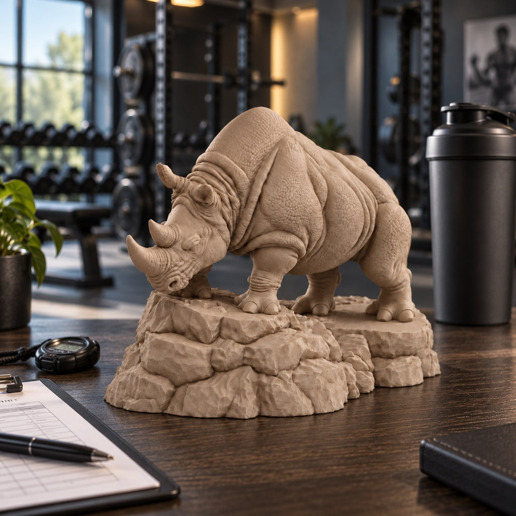 CONQR Charging Rhino desk statue in Sandstorm – on a gym trainer's desk