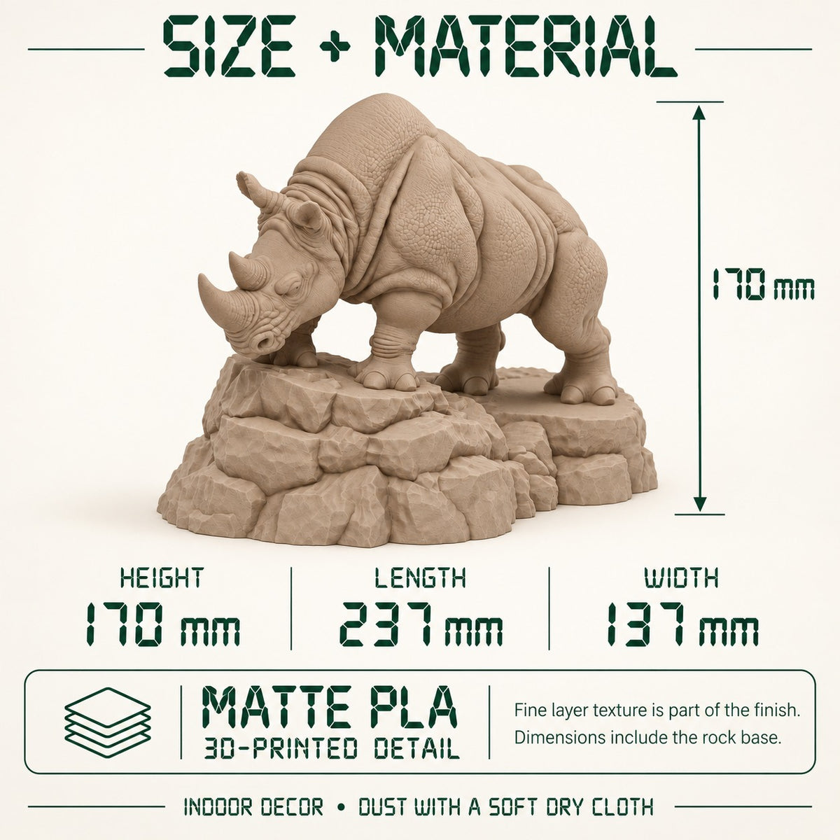 CONQR Charging Rhino desk statue in Sandstorm – size and material guide: 170 mm tall, 237 mm long, 137 mm wide