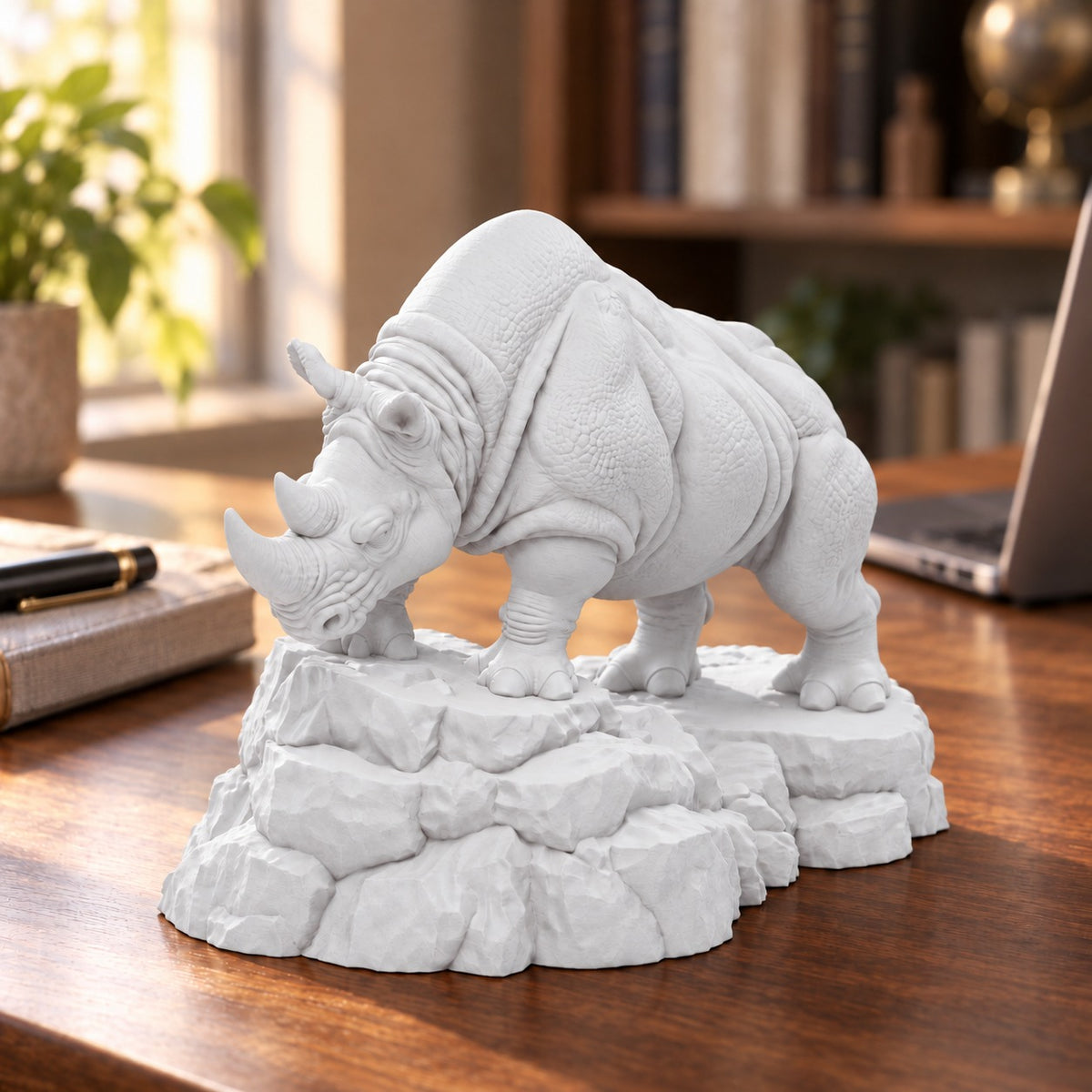 CONQR Charging Rhino desk statue in White – on a warm wooden desk