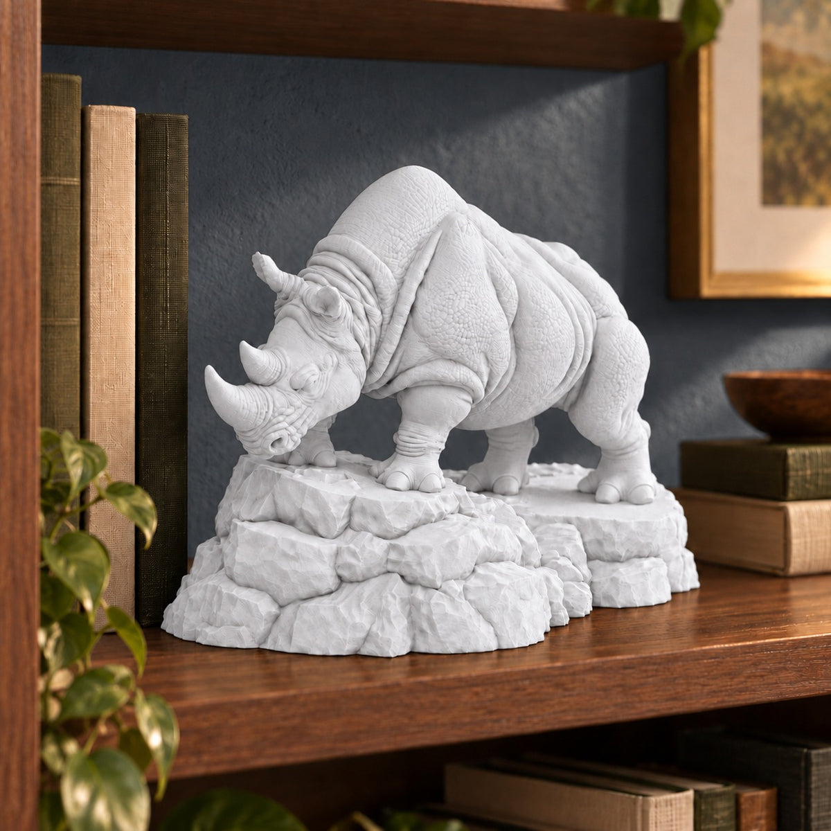 CONQR Charging Rhino desk statue in White – on a bookshelf against a slate wall