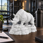 CONQR Charging Rhino desk statue in White – on a gym trainer's desk