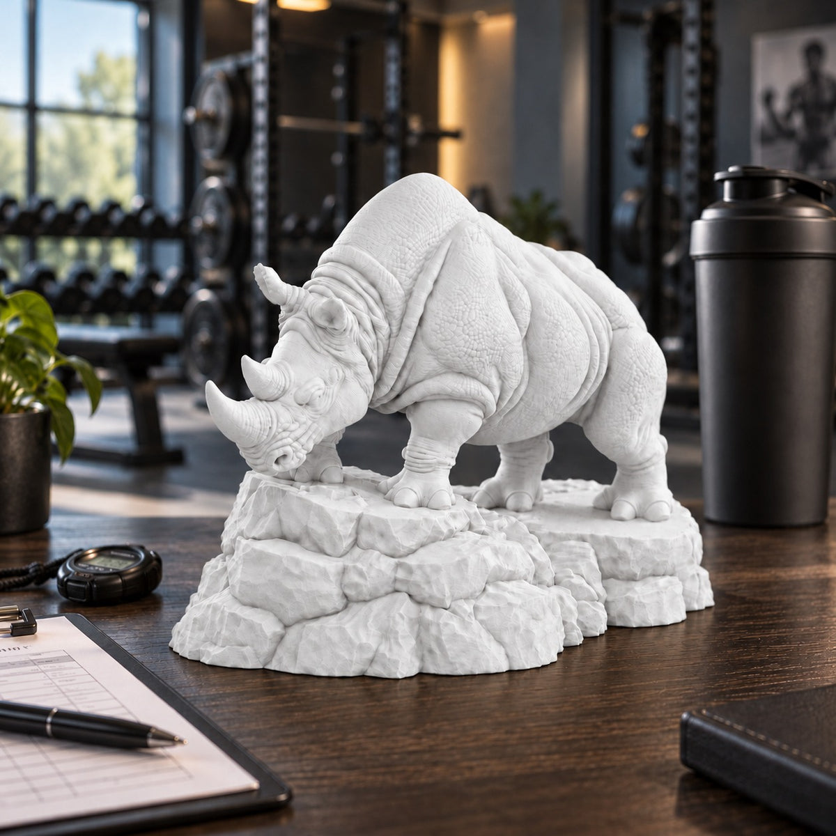 CONQR Charging Rhino desk statue in White – on a gym trainer's desk
