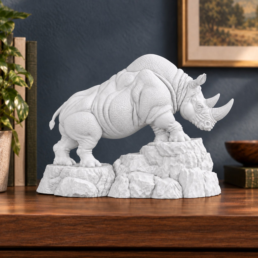 CONQR Charging Rhino desk statue in White – full side profile