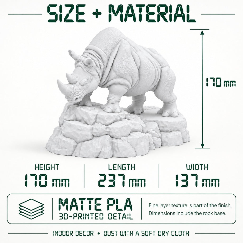 CONQR Charging Rhino desk statue in White – size and material guide: 170 mm tall, 237 mm long, 137 mm wide