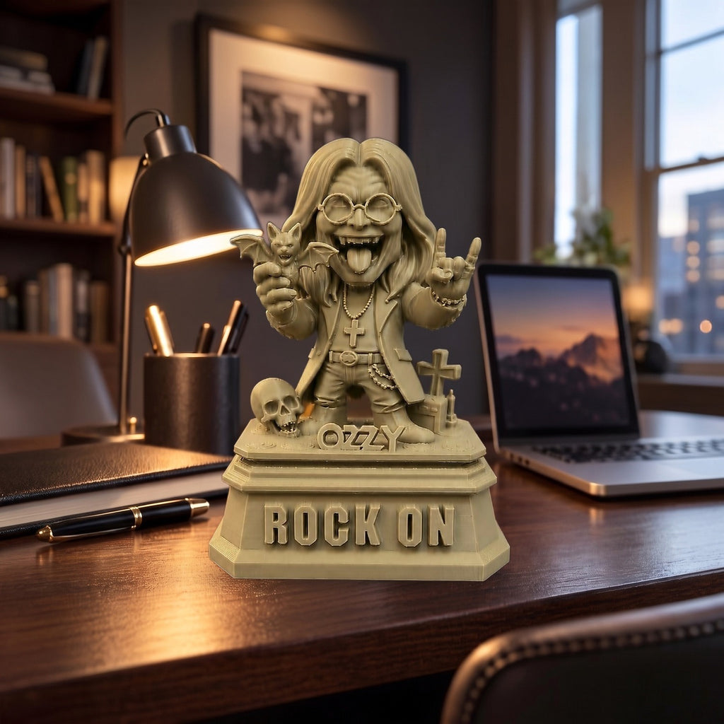 Rock On XL (176 mm) on a dark wooden desk, shown to scale beside a lamp and laptop