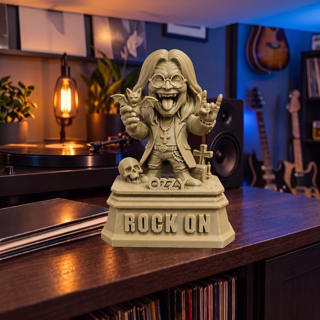 Rock On XL on a music room shelf, shown to scale beside a record player and speaker