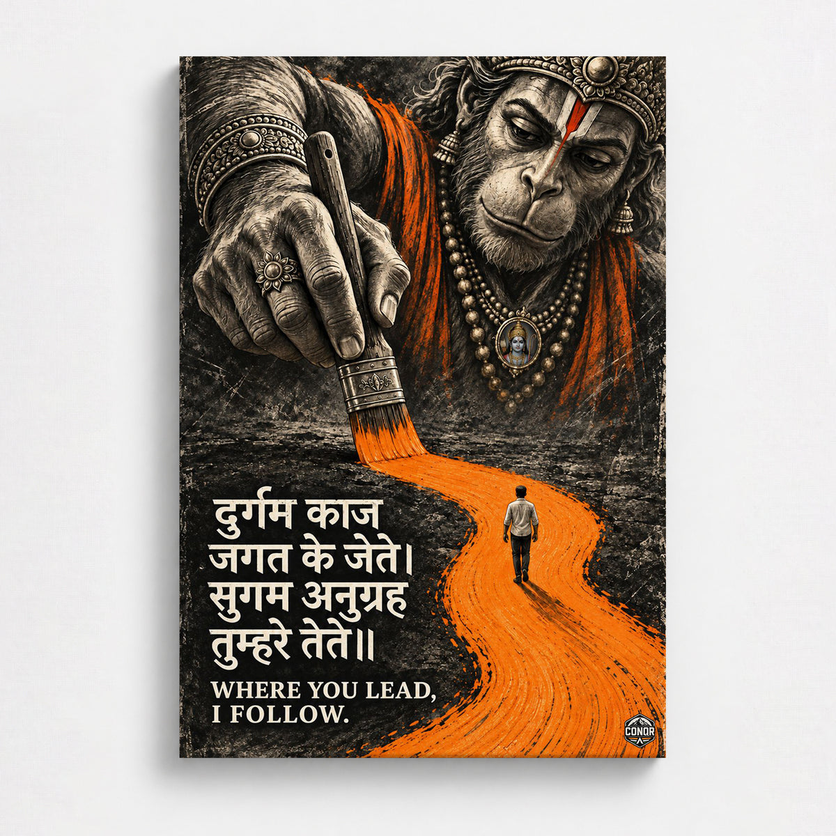 Where You Lead I Follow Hanuman Ji wall art in charcoal and saffron – CONQR