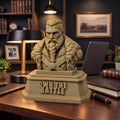 The Warrior XL (143 mm) on a dark wooden desk, shown to scale beside a lamp, laptop and notebook