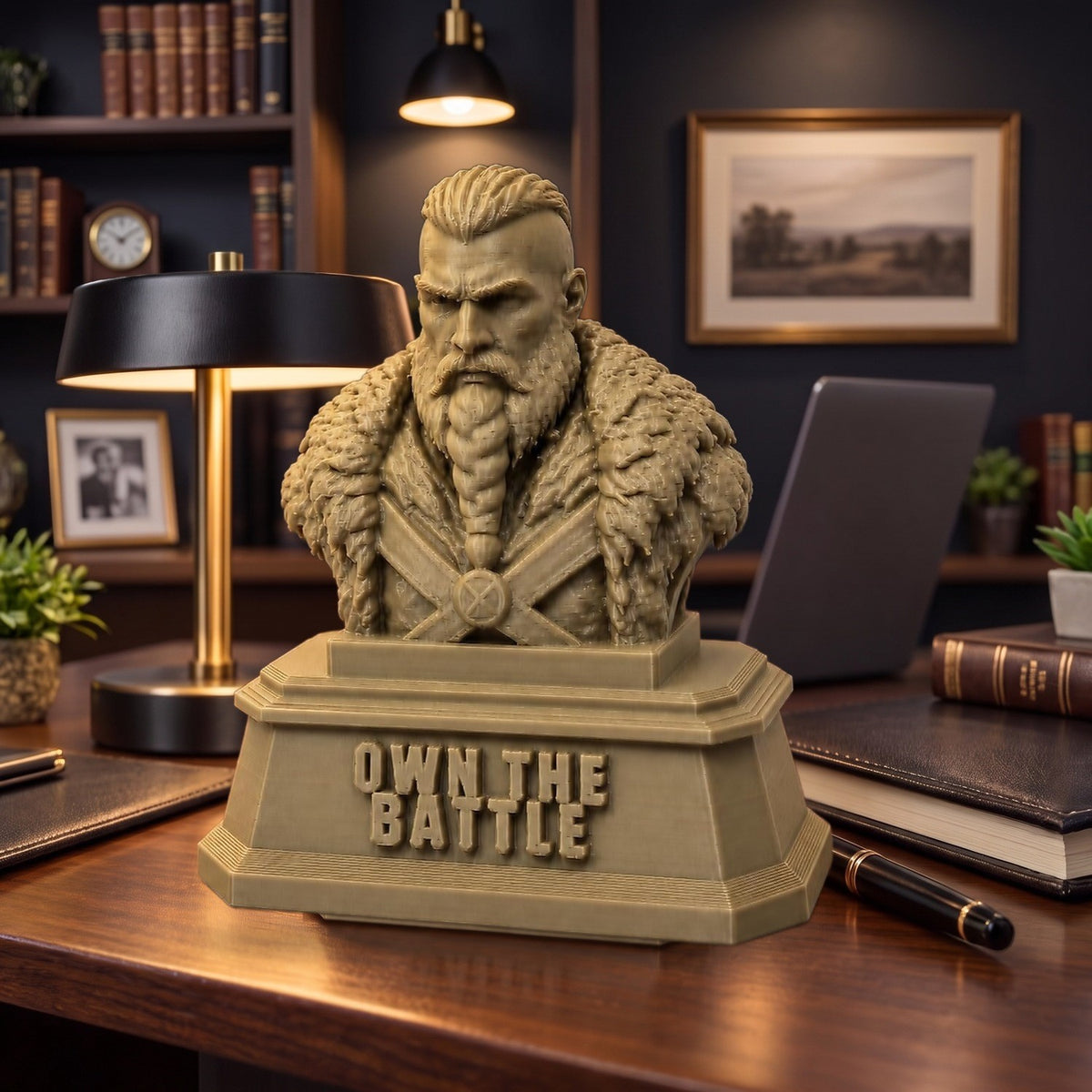 The Warrior XL (143 mm) on a dark wooden desk, shown to scale beside a lamp, laptop and notebook