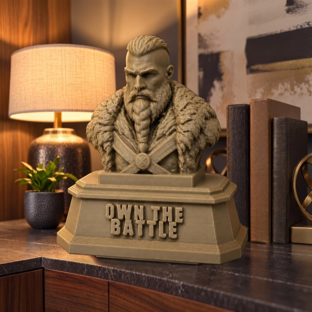 The Warrior XL on a study shelf, shown to scale beside books and a table lamp