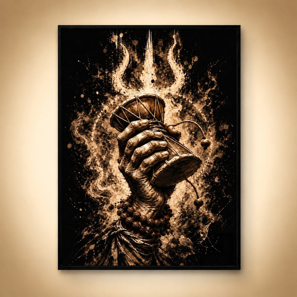 Cosmic Damru in a black boxed frame under a warm spotlight