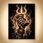 Cosmic Damru in a black boxed frame under a warm spotlight