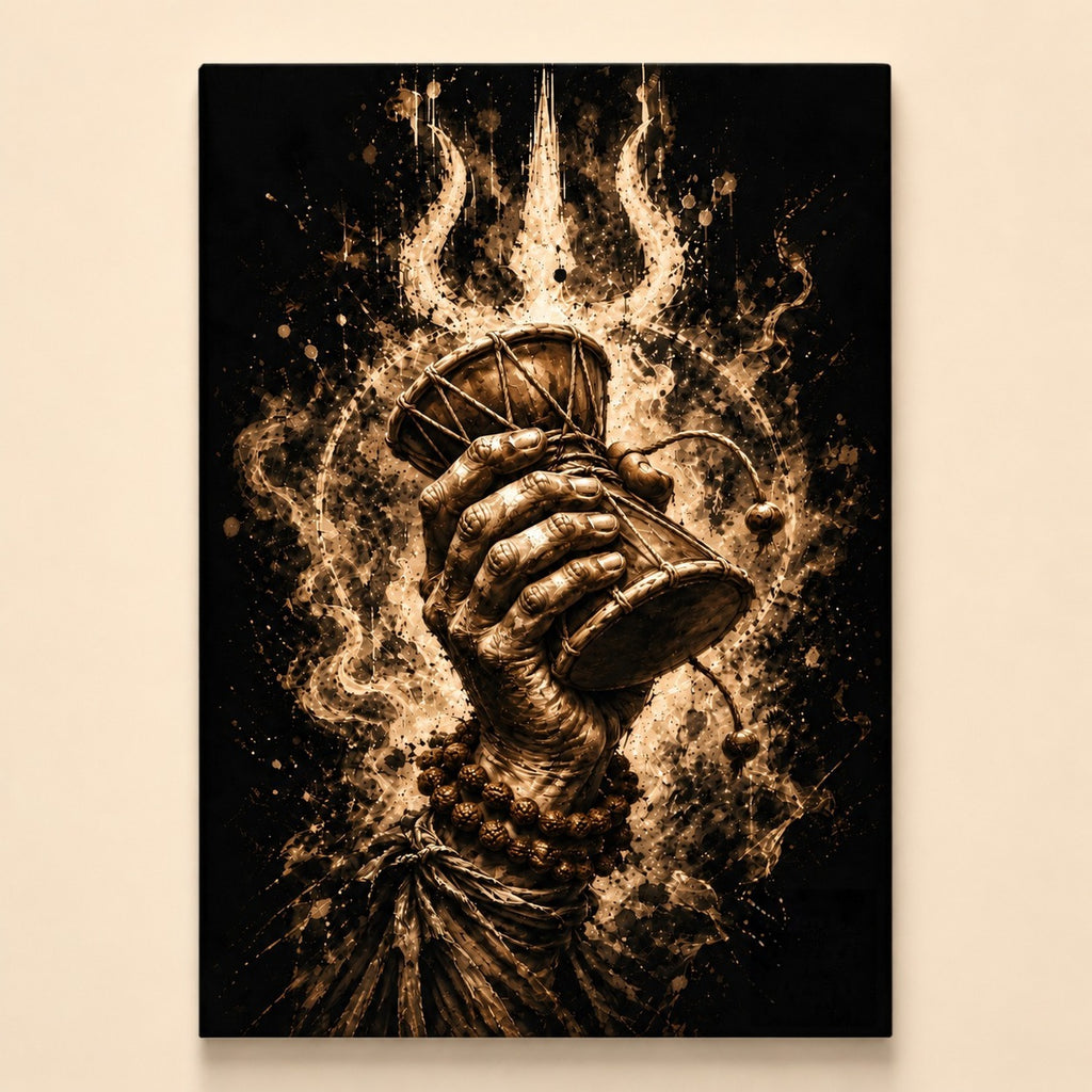 Cosmic Damru gallery-wrapped canvas - sepia hand raising a damru before a glowing trishul, on a cream wall