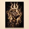 Cosmic Damru gallery-wrapped canvas - sepia hand raising a damru before a glowing trishul, on a cream wall