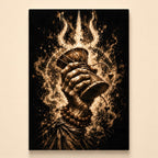 Cosmic Damru gallery-wrapped canvas - sepia hand raising a damru before a glowing trishul, on a cream wall