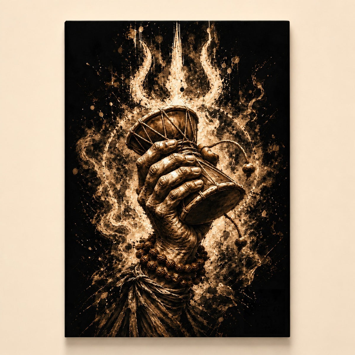 Cosmic Damru gallery-wrapped canvas - sepia hand raising a damru before a glowing trishul, on a cream wall