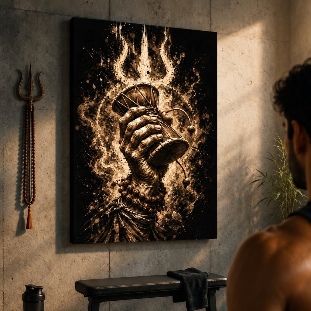 Cosmic Damru canvas on a concrete home-gym wall beside a trishul and rudraksha mala