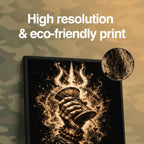 Close-up of the high-resolution eco-friendly print on Cosmic Damru, camo background
