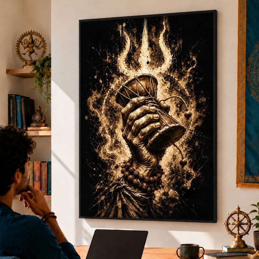Framed Cosmic Damru art in a study with a Nataraja statue and bookshelf