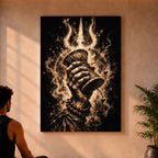 Cosmic Damru canvas on a sunlit peach wall with a man meditating beside a palm