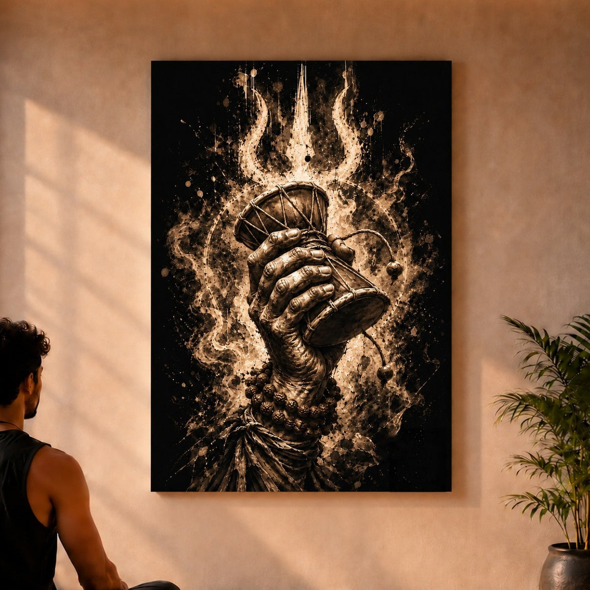 Cosmic Damru canvas on a sunlit peach wall with a man meditating beside a palm