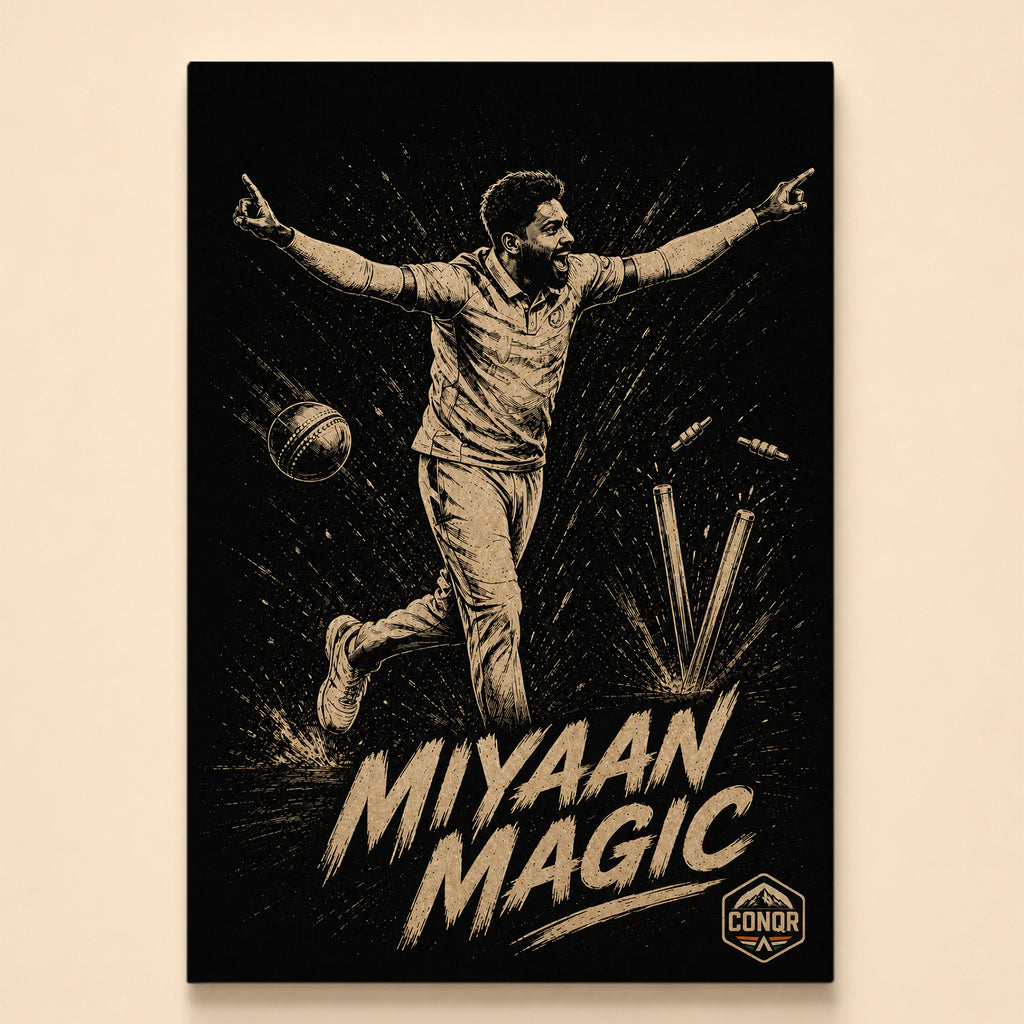 Monochrome bowler celebrating with arms spread beside shattered stumps – Miyaan Magic