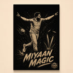 Monochrome bowler celebrating with arms spread beside shattered stumps – Miyaan Magic