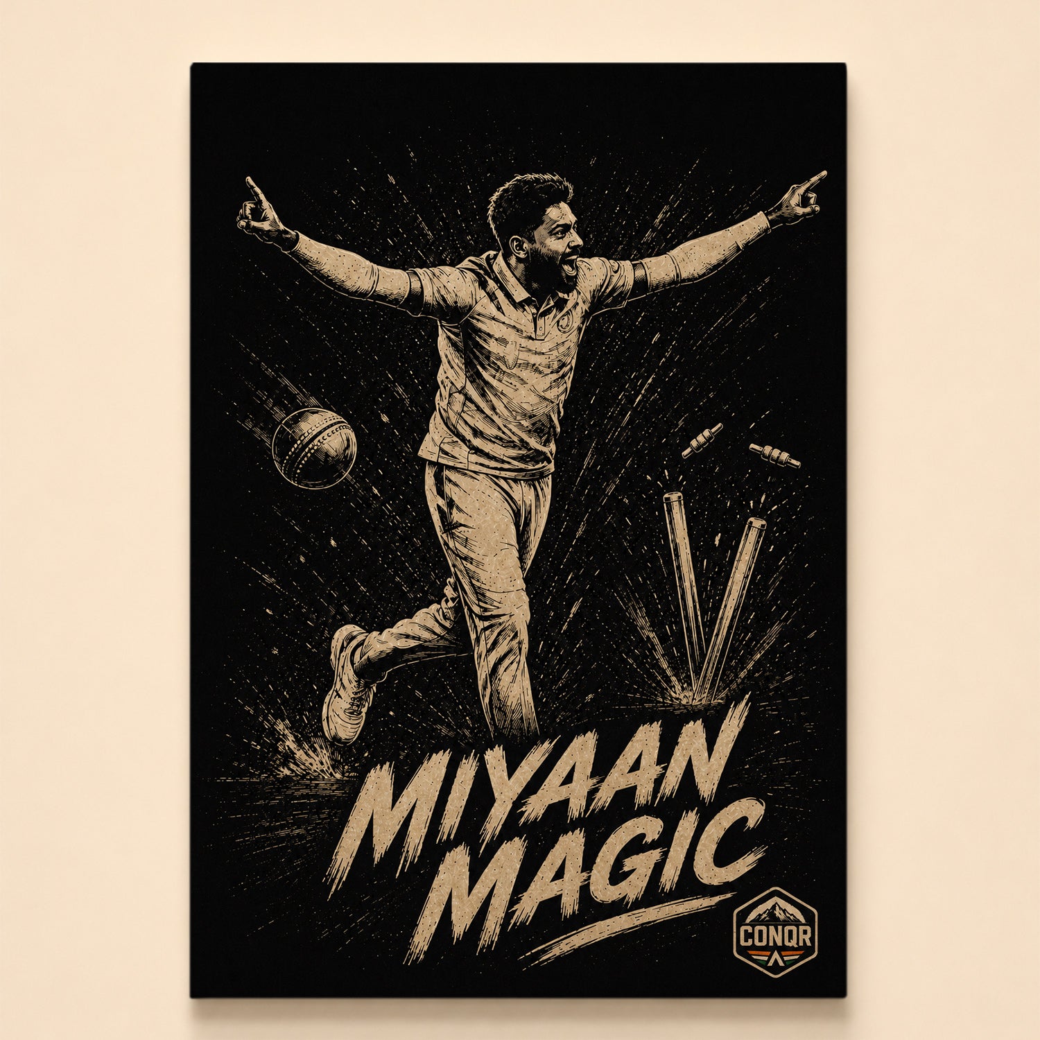 Monochrome bowler celebrating with arms spread beside shattered stumps – Miyaan Magic