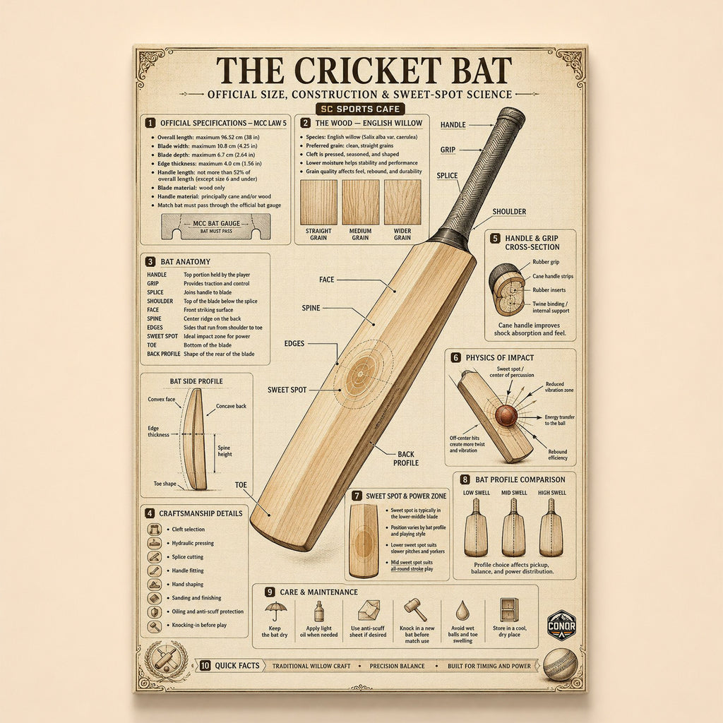 Vintage infographic of a cricket bat explaining willow, construction and sweet spot