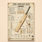 Vintage infographic of a cricket bat explaining willow, construction and sweet spot