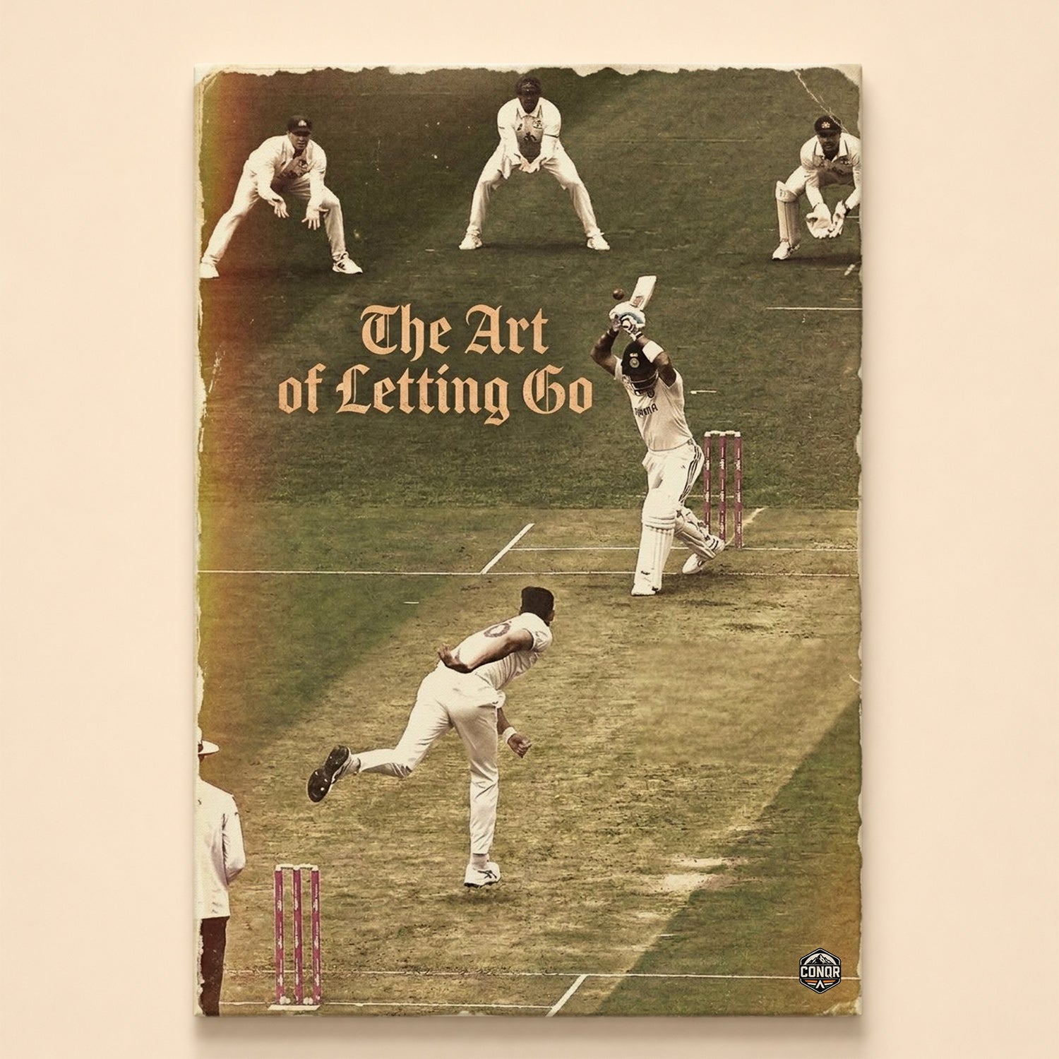 Vintage sepia Test match scene with batsman, bowler and close fielders – The Art of Letting Go
