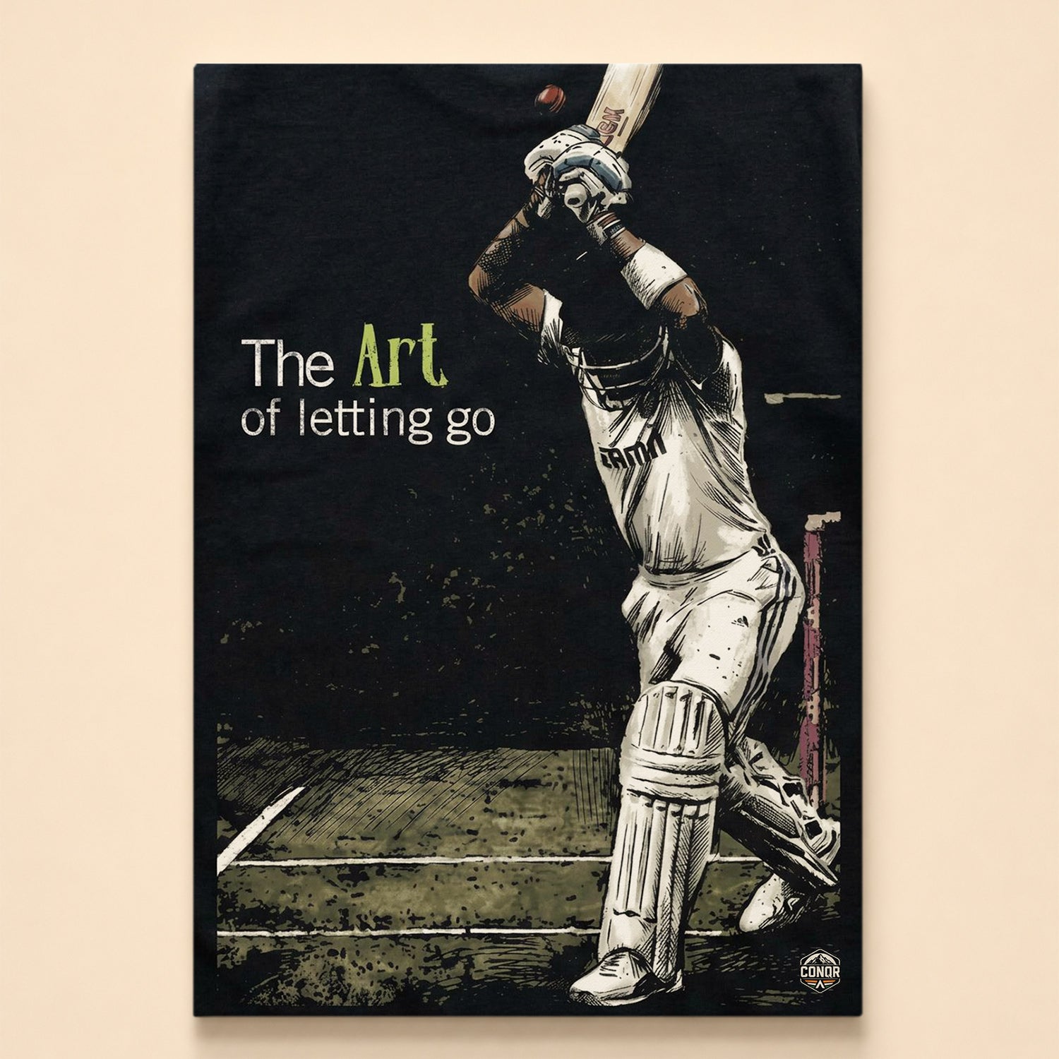Sketch-style batsman in whites playing a full overhead swing – The Art of Letting Go