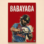 Bearded batsman in Indian kit leaning forward with fist raised under Babayaga lettering