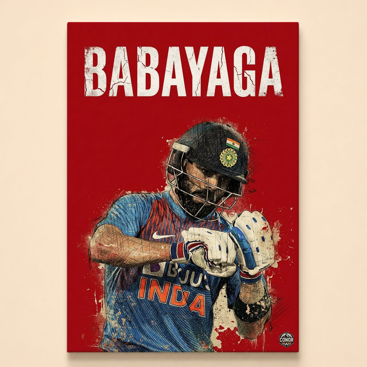 Bearded batsman in Indian kit leaning forward with fist raised under Babayaga lettering