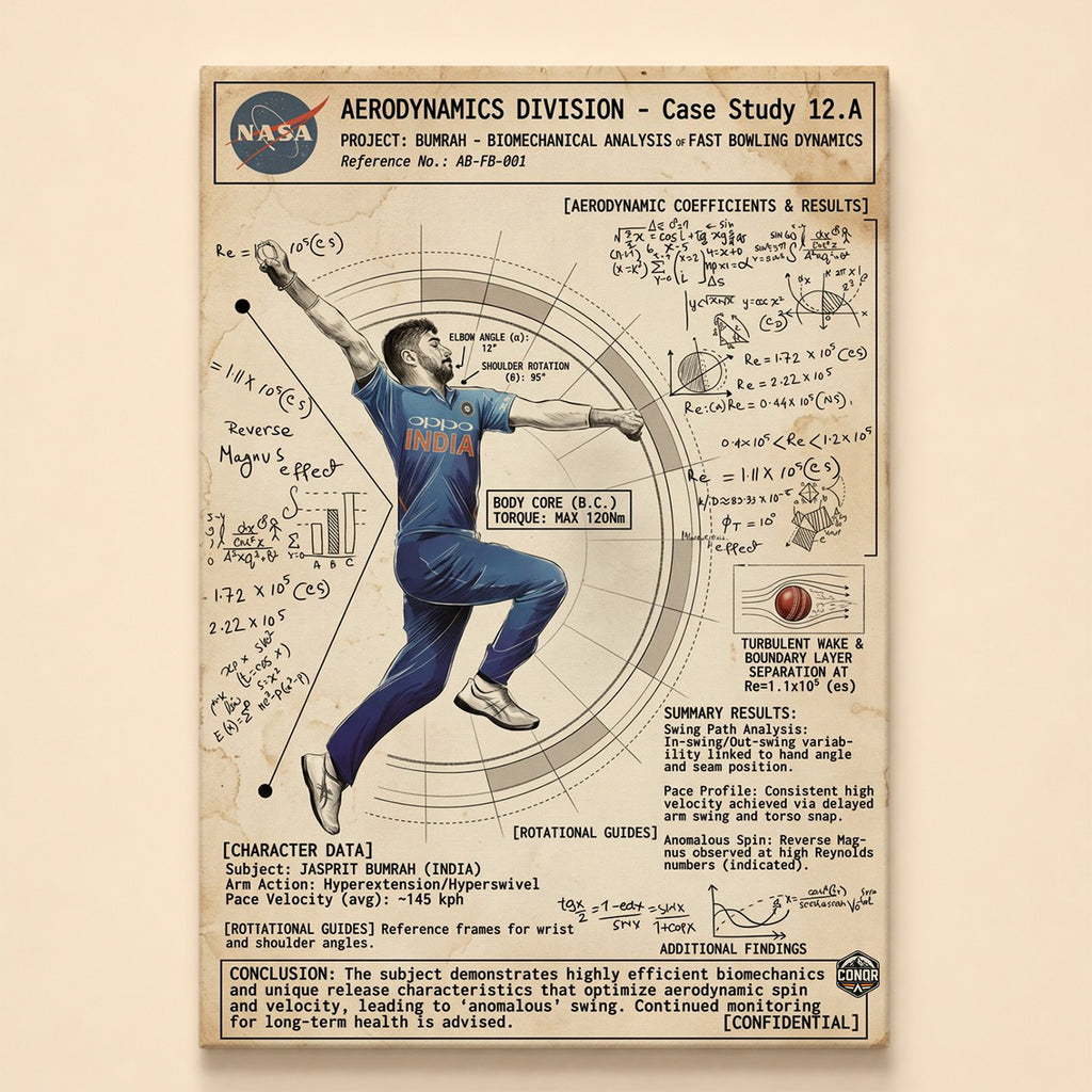 Vintage technical-poster study of Jasprit Bumrah's bowling action with equations and diagrams