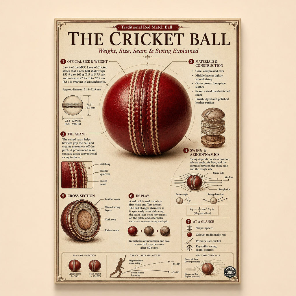 Vintage infographic of a red cricket ball explaining seam, swing and construction