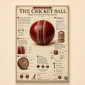 Vintage infographic of a red cricket ball explaining seam, swing and construction