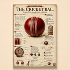 Vintage infographic of a red cricket ball explaining seam, swing and construction