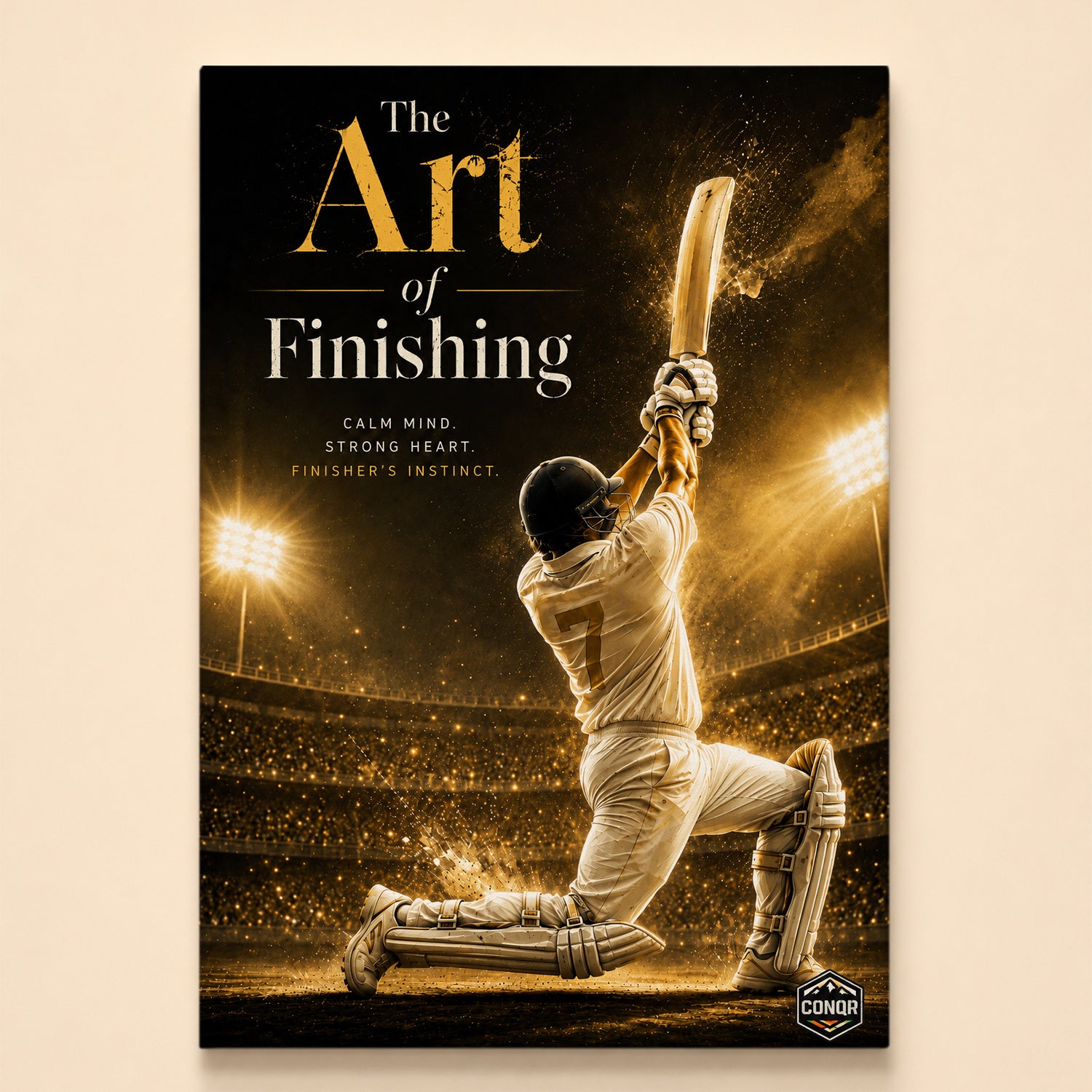 Cricket batter in a number 7 jersey kneeling through a shot amid golden dust – The Art of Finishing