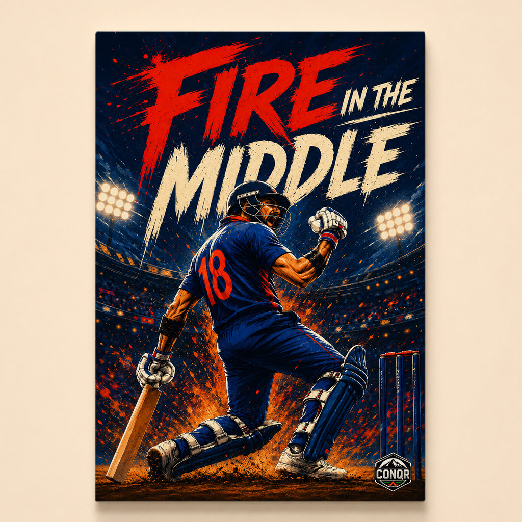 Illustrated batsman in a blue number 18 jersey kneeling after a shot – Fire in the Middle